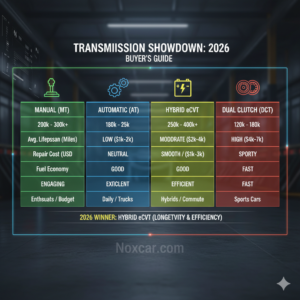 Comprehensive transmission longevity comparison chart for 2026, showing average lifespan and repair costs for Manual, Automatic, Hybrid eCVT, and Dual Clutch (DCT) systems.