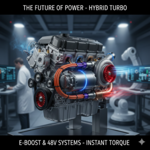 A modern hybrid turbo engine with an integrated electric motor and 48V system, demonstrating the future of naturally aspirated vs turbocharged engines through e-boosting and instant torque technology.