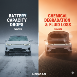 Split-screen comparison of car battery stress: Winter showing battery capacity drops versus Summer heat causing chemical degradation and car cooling system fluid loss.