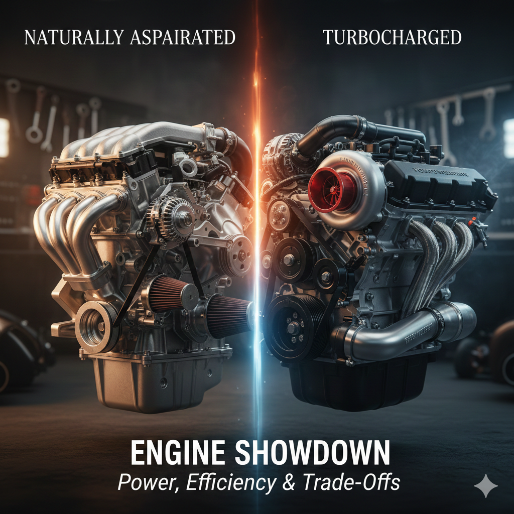 A side-by-side comparison of naturally aspirated vs turbocharged engines in a workshop, highlighting the mechanical differences and forced induction components for an engine showdown.
