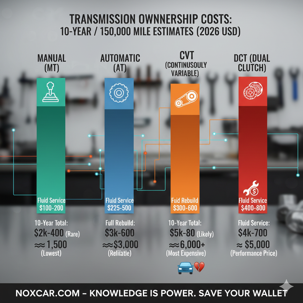 Transmission ownership cost comparison chart showing 10-year repair and maintenance estimates for Manual, Automatic, CVT, and DCT.